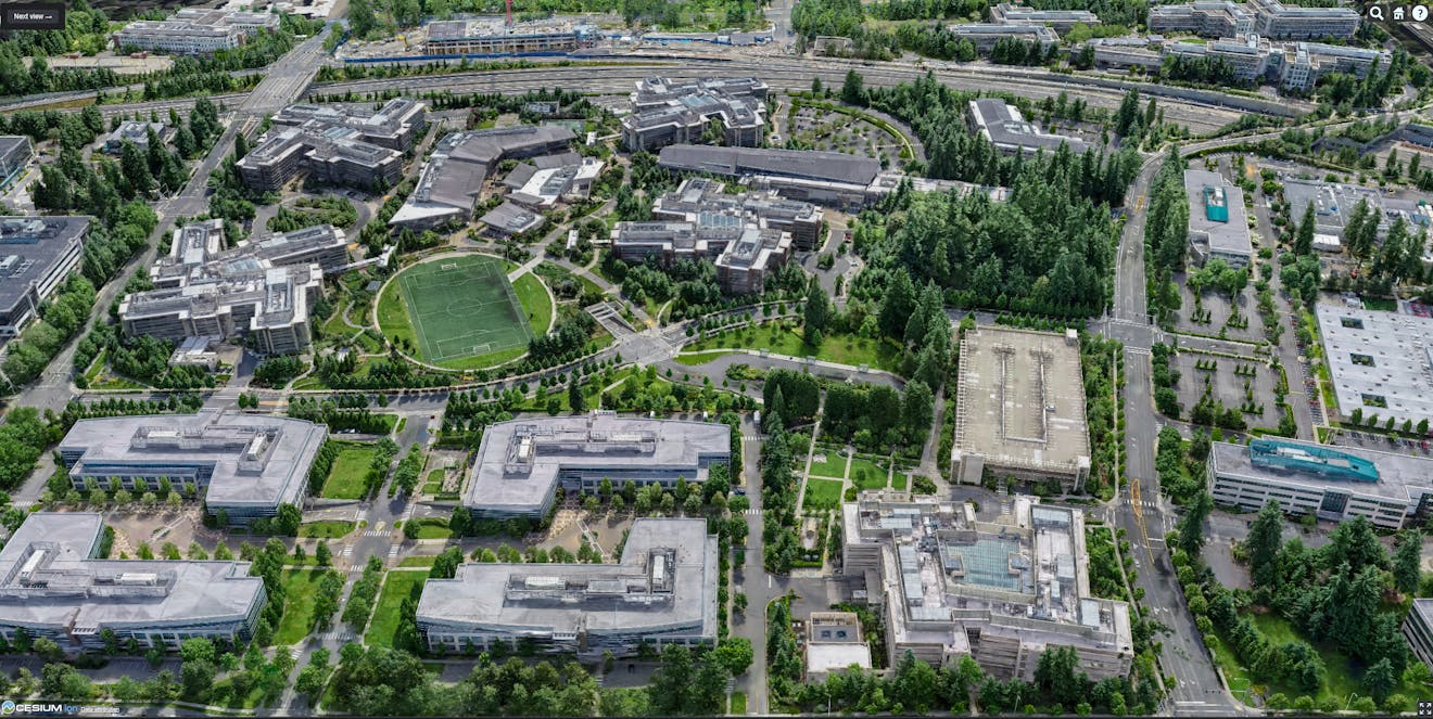 Microsoft 雷德蒙德园区的 3D 高斯溅射瓦片集，在 CesiumJS 中查看。与 Bentley Systems 合作拍摄。该瓦片集使用了 20,169 张照片（4277 亿像素，DJI FC6310 相机），覆盖面积约 3.7 平方公里，平均地面采样距离 3 厘米。重建包含 1.1 亿个溅射点。